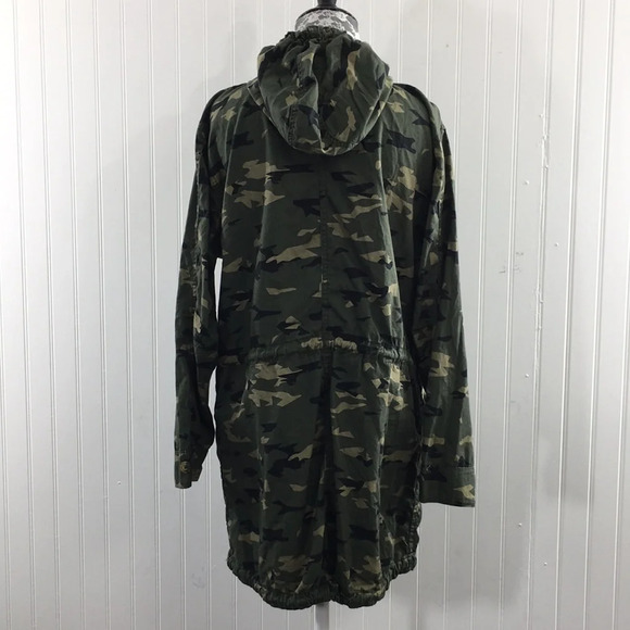 BP Nordstrom Green Camo Cotton Hooded Jacket Womens Small Snap Zip Up Longline - Picture 3 of 11